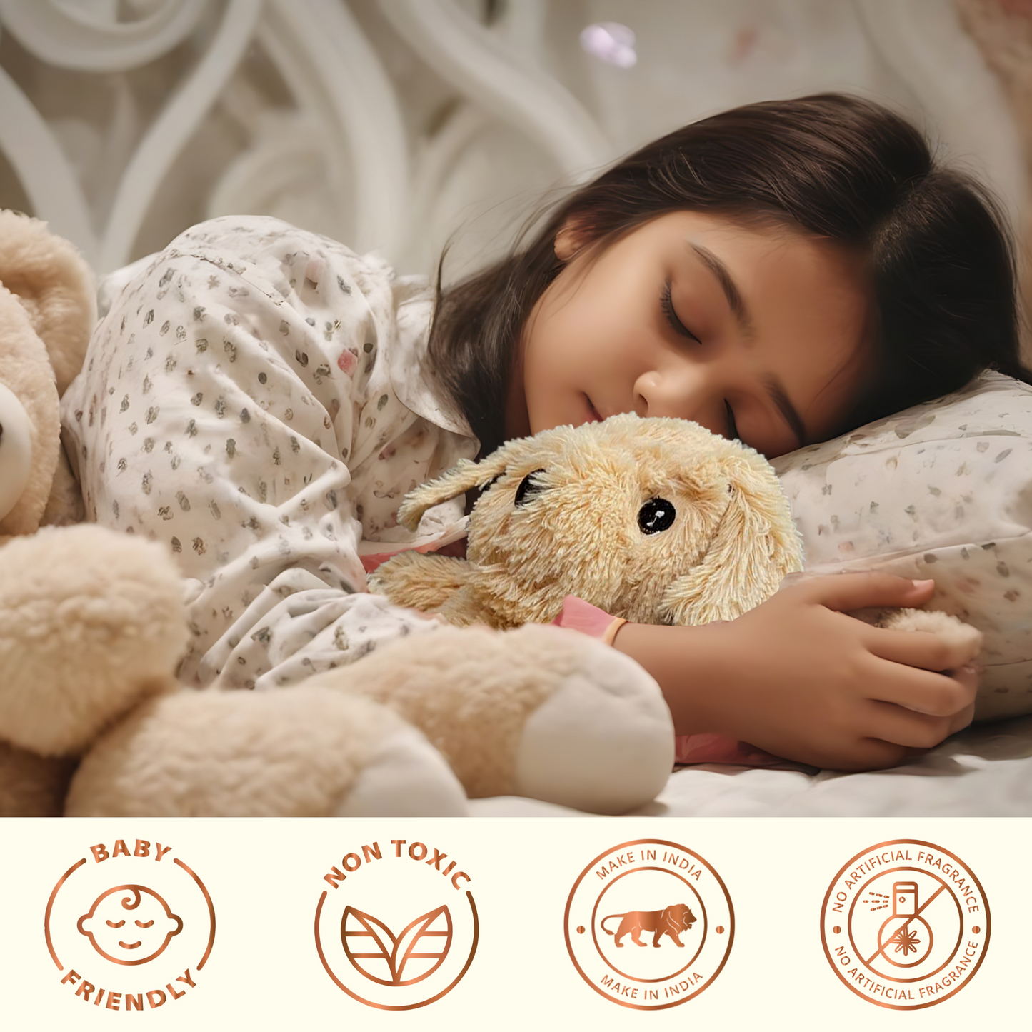 Child sleeping peacefully hugging a soft baby-friendly plush toy by SOUL made with non-toxic materials