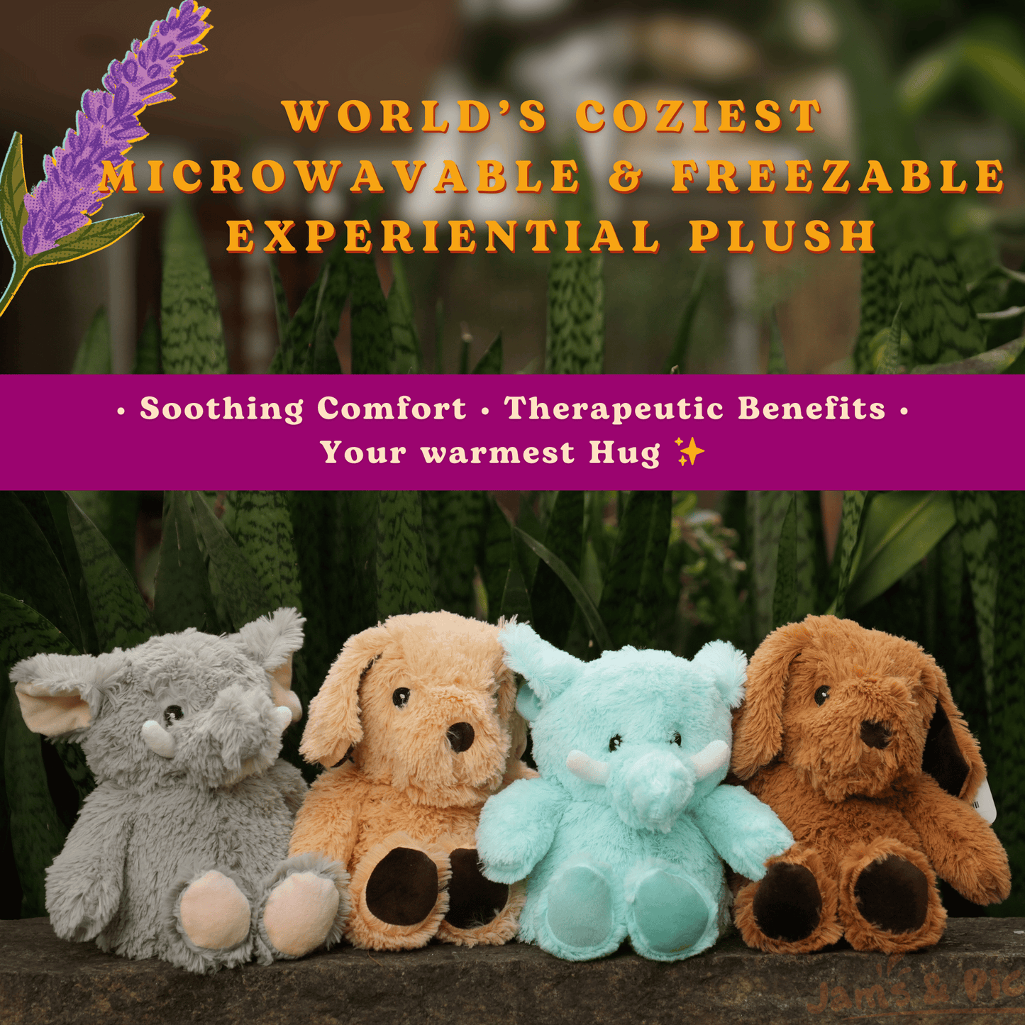 Microwavable and freezable plush toys by SOUL in elephant and dog shapes offering soothing comfort and therapeutic benefits