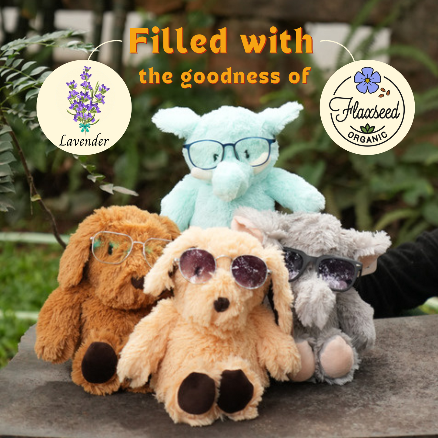 Microwavable comfort plush dogs in various colors wearing glasses filled with lavender and organic flaxseed