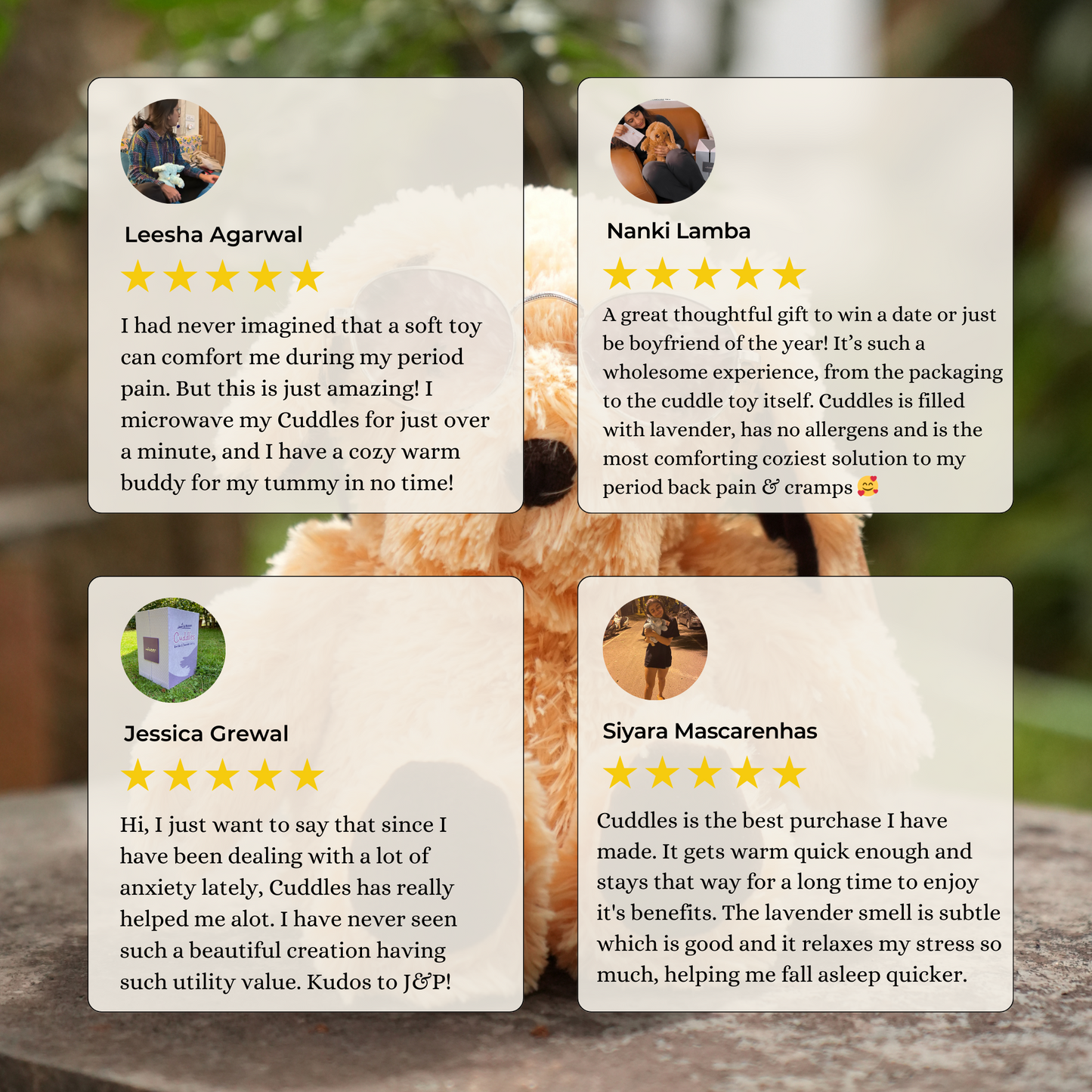 Customer reviews praising by SOUL Cuddles soft toy for comforting period pain with warmth and lavender scent