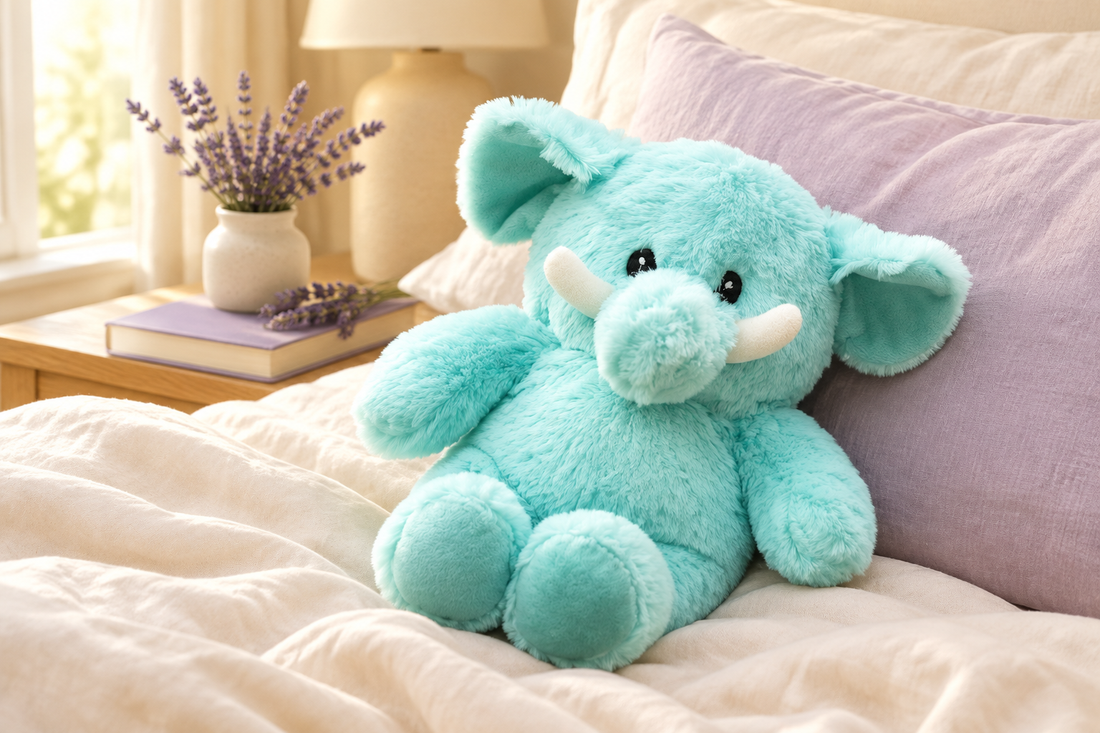 Ellie Jr turquoise weighted elephant plush on a calm, lavender-accented bed