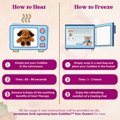Instructions on how to heat and freeze by SOUL microwavable comfort plush for soothing heat therapy or cooling comfort
